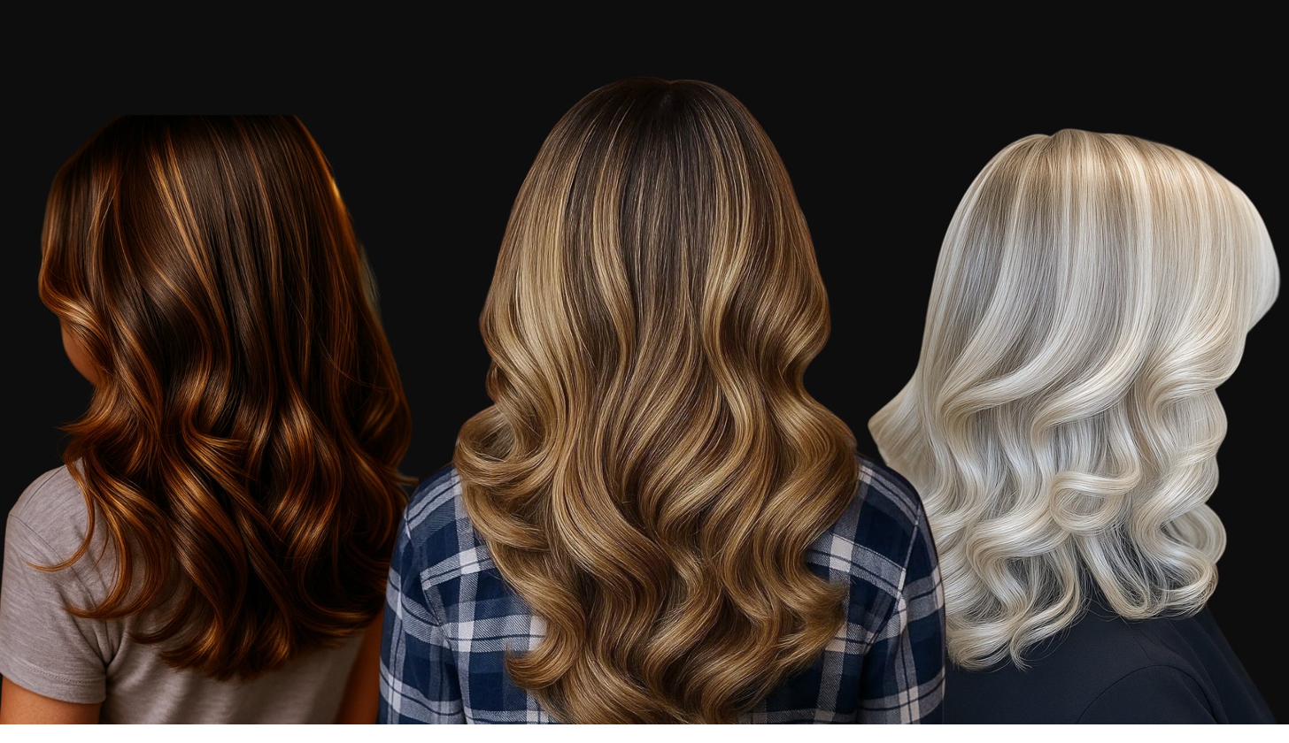 Three clients showing a range of color work — warm brunette, dimensional blonde, and platinum — at The PVD Hair Edit